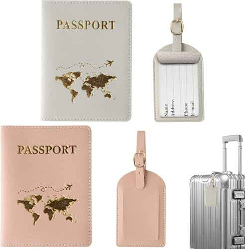 Ervoxo Reisepasshülle,2 Stück Reisepasshülle mit 2 Kofferanhänger,Passport Holder,Passport Cover,PassportHülle,Reisepasshüllen Kofferanhänger für Kreditkarten,Ausweis und Reisedokumente (Rosa,grau)