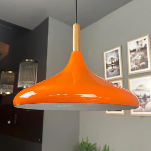 bamyum Champion Pendelleuchte aus Holz und Metall 35 cm, Esstisch, Küchenlampe Hängend E27, Hängelampe für Kinderzimmer, Schlafzimmer, Wohnzimmer, Orange Glänzend