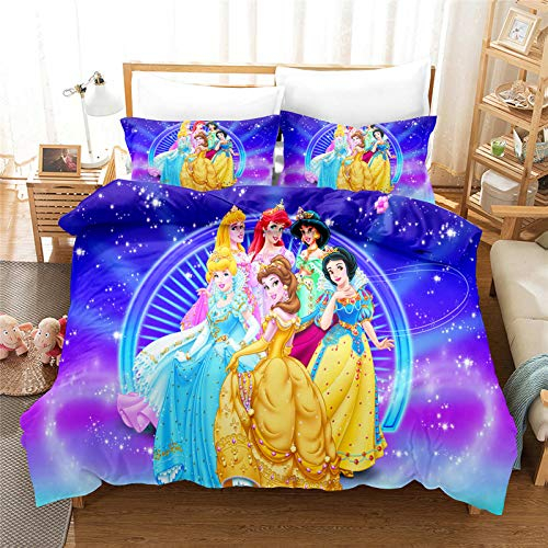 Fgolphd Prinzessinnen Bettwäsche 3D-Digitaldruck Mikrofaser Cartoon Quilt Cover Bella Aschenputtel Rapunzel Prinzessin Für Mädchen Kinder (20,Single 135×200CM)