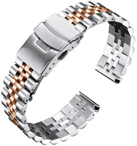 BINLUN Bracelets de Montres en Acier Inoxydable 18mm 20mm 22mm 24mm 26mm Bracelet Montre Metal Bracelets de Remplacement pour Montres Connectées pour Homme et Femme (Argent + Or Rose, 24mm)