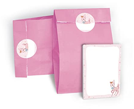 JuNa-Experten 12 Mini-Notizblöcke + 12 Geschenktüten/Hellrosa + 12 Aufkleber Bambi Mitgebsel Gastgeschenk Kindergeburtstag Mädchen
