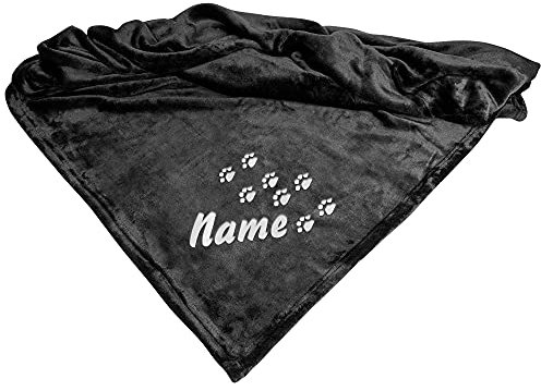 Schecker Mikrofaserdecke Premium Pfotenspur mit Name Schwarz 1Stück 150 cm x 95 cm Bestickt mit dem Namen Ihres Hundes
