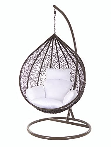 KIDEO Korbsessel: XXL Hängesessel mit Gestell & Kissen, Poly-Rattan, braun, groß (Kissen: Nest weiß [1000 Snow])