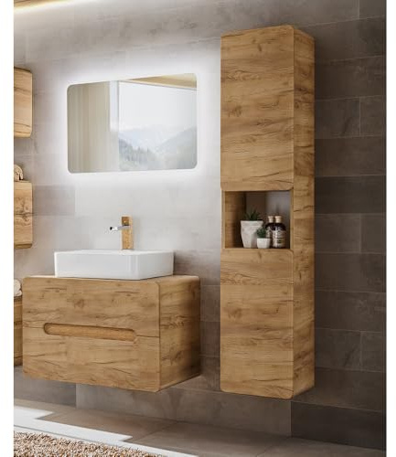 Lomadox Badezimmermöbel Waschplatz Set Eiche, Waschtisch-Unterschrank, Keramikbecken, LED-Spiegel, Hochschrank