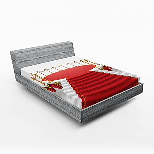 ABAKUHAUS Theater Spannbetttuch, Rundbühne mit Treppen, Soft Dekorativer Stoff Bettwäsche Rund-um Elastischer Gummizug, 180 cm x 200 cm, Rot und weiß