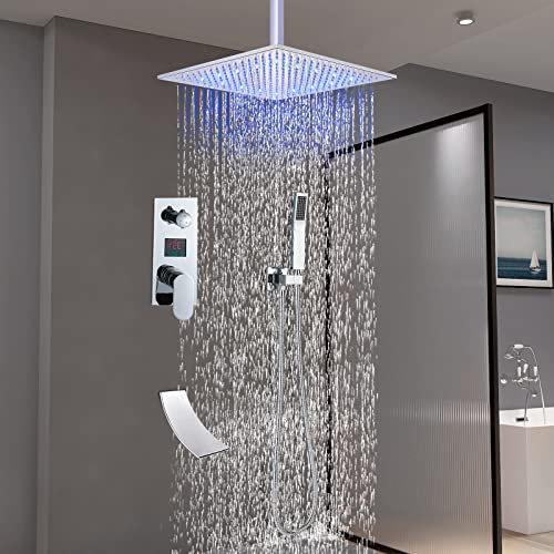 Zamery LED Système de Douche Encastré avec Tête de Douche Carrée 16- Douchette - Mitigeur de Baignoire à Cascade,laiton Monté au Plafond Ensemble de Douche Finition Chromée Polie