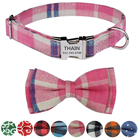 THAIN Personalised Dog Collars with bowtie Custom Engraved dog Collar with Nameplate for small medium large dogs(S(neck 9.8-13.8), Pink Plaid)