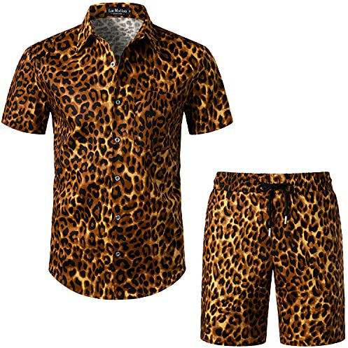 LucMatton Herren 2 Stück Blumen Outfits Hipster Leopard Kurzarm Button Down Hemd und Shorts Set für Club Party Gold Leopard XX-Large