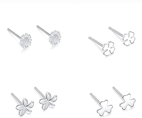 Belons 4 Pair 999 Sterling Silver Studs Earrings for Women Girls, Clover Four-Leaf Clover Chrysanthemum Flower Mini Ear Studs Tiny Cartilage Sleeper Stud Earrings Set
