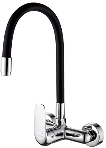 ADGO Elza Spültisch-Wandbatterie mit flexiblem Auslauf Ausladung: Max 440mm, Breite: 200mm, Höhe: 351mm, Küchen-Wandbatterie, ECO-Low water consumption, Wandbatterie (Chrom/Schwarz)