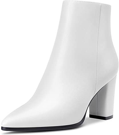 HDEUOLM Donna Chunky Blocco Alto High Tacco Heel a Punta Cerniera Stivaletti da Matrimonio Ufficio 8.5 CM Heels Bianco 44 EU