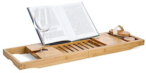 HTI-Living Badewannenablage Holz ausziehbar mit Buchstütze und Glashalter