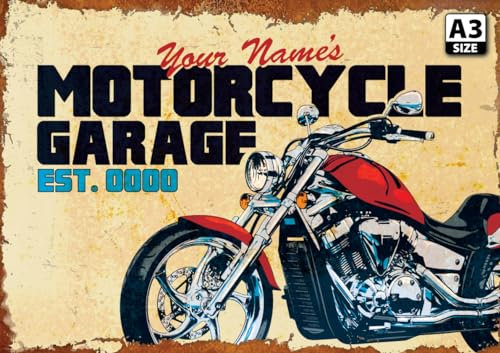 ELITEPRINT Personalised Motorcycle Garage Sign Bike Owner Gift Custom Decor Metal Plaque - Wall Art Decorations (A3 (42cm x 29.7cm)) 0226-B