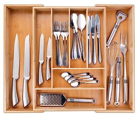 Murago - Besteckkasten ausziehbar ca. 34-56 x 46 x 6 cm Bambusholz - Einsatz leer Organizer Ordnungssystem für Küchen Schubladen