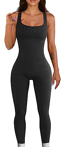 RPAEOY Damen Jumpsuit Lang Eng Rundhalsausschnitt Ärmellos Tank Rompers Einteilige One Piece Overalls Dehnbar Playsuits Leggings für Gym Yoga Sport Outfits Schwarz L