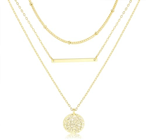 LOLIAS Kette Gold Damen Layering Halskette Damen 18k Vergoldet Silber & Rosegold Wasserfest Lange Ketten mit Anhänger for Frauen Doppel Mehrreihige Zarte Goldene Kette Damen Rund Plättchen Schmuck