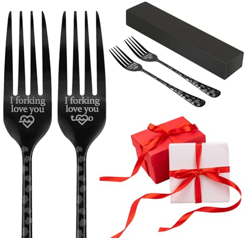 EDATOFLY Pack of 2 Engraved Forks, Stainless Steel Dinner Forks Gift for Anniversary Wedding Christmas Valentine's Day - Personalized Letter - I Forking Love You (Black)