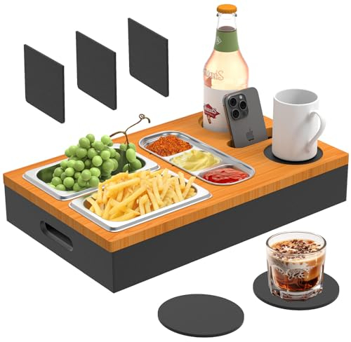 Plateau Canape, Plateau Repas Canapé avec Bols à Collation en Acier Inoxydable, Canapé Bar Snack Box avec Une Partition, Assiette de Collation de Canapé avec Un Porte Gobelet, Bois Noir
