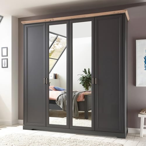 Lomadox Kleiderschrank Drehtürenschrank 4-türig 214 cm breit Graphit mit Eiche