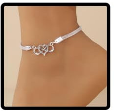 Wedity cristal coeur cheville chanceux 8 caractères chaîne plate argent bracelet cheville accessoires de pied d'été Femmes bijoux (Argent A)