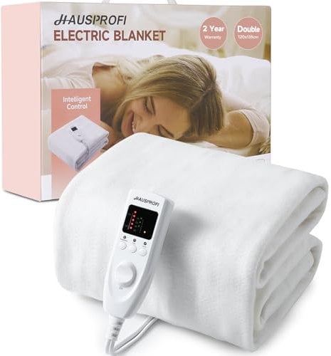 HAUSPROFI Electric Blanket Double Size, Heated Underblanket Bed Warmer with Dual Control 5 Heat Settings 10 Timer Settings Soft Fleece Polyester, Machine Washable with Detachable Control (135*120cm)