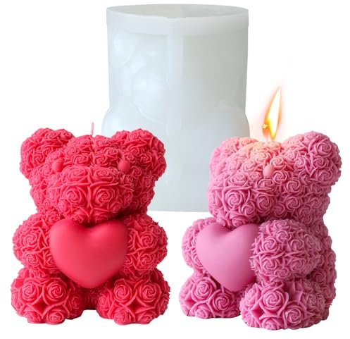 Midnadiy 3D moldes de silicona de oso, molde de vela de oso rosa, molde de silicona de vela de oso flor, moldes de fundición, moldes de velas DIY para jabones caseros, regalos de San Valentín(pequeño)