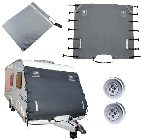 Gotrain Protector de cubierta completa delantera de caravana, cubierta de remolque frontal universal con 2 luces LED, impermeable, transpirable, cubierta de protección frontal de caravana con tiras