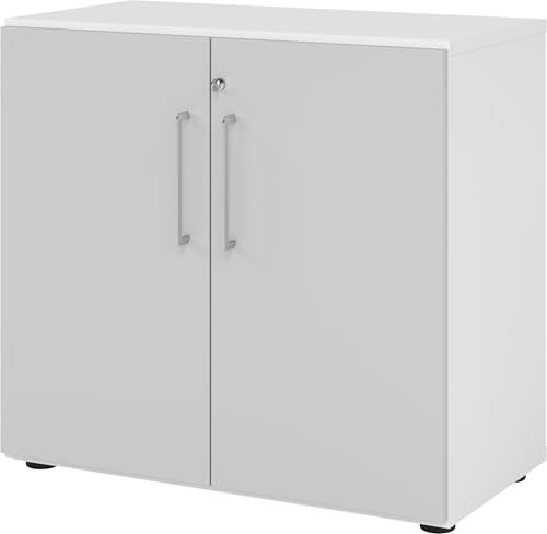 bümö Aktenschrank abschließbar, Büroschrank Holz 80cm breit in Weiß/Grau - abschließbarer Schrank mit Aktenregal für's Büro & Arbeitszimmer, Büro Möbel Ordnerschrank mit Schloss