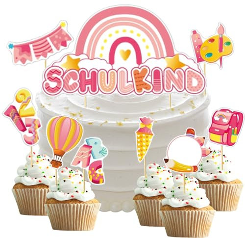 13 Stück Schulanfang Tortendeko, Tortendeko Einschulung, Kuchendeko Schulanfang, Cupcake Topper Dekorationen für Schulkind Junge Mädchen, Schultag Schulanfang Party Deko (Rosa)