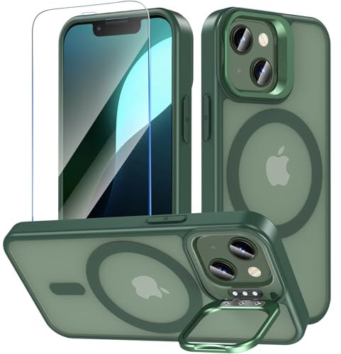 OWKEY Magnetisch für iPhone 13 Mini Hülle/iPhone 12 Mini Hülle mit Ständer,Durchscheinend Matt Schutzhülle mit Panzer Schutz Glas,Kompatibel mit MagSafe,Militär Fallschutz Stoßfest Handyhülle,Grün