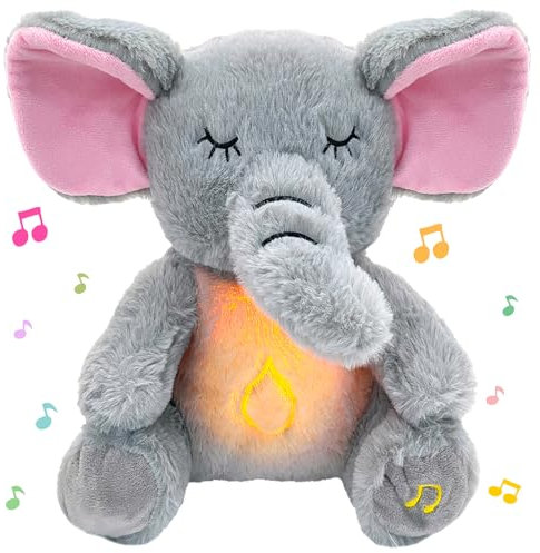 TOPJOWGA Einschlafhilfe Babys Elefant, Einschlafhilfe Babys Musik und Licht, Einschlafhilfe Babys mit Herzschlag, Baby Erstausstattung Neugeborene, Plüsch Kuscheltier Baby Spielzeug ab 1 Monate
