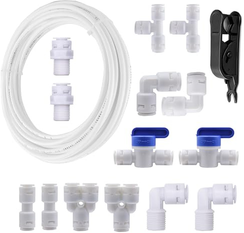 HUAZIZ 10 Meter Weiss Universal Anschluss-Set, 14 Stück RO Water Filter Fitting, für 3/8 Zoll Schlauch, Kühlschrankschlauch, Wasserschlauch (Y + T + I + L Typ + Absperrventil)