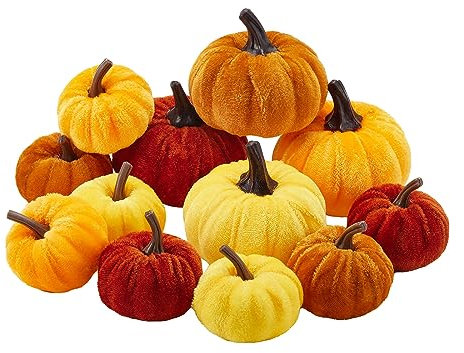 12 zucche decorative autunnali, in velluto, piccole, per esterni, in schiuma, finte zucche artificiali per Halloween, Ringraziamento, decorazione da tavolo per la casa (giallo arancione, taglia unica)