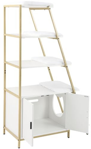 GYMAX Cat Litter Box Enclosure, Indoor Hidden Privacy Kitty Washroom with Ladder Shelf, Removable Cushions & Side Entry, Wooden Cat House Climbing Frame for Living Room Bedroom (White+Gold)