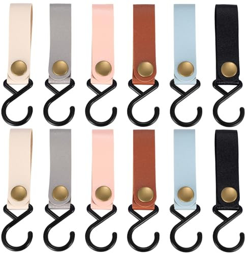 PXARMYYXGS 12 ganchos en S para barra de ropa, perchero, perchero, gancho multifunción con lazo de piel, ganchos de cuero para colgar, perchero, cocina, baño, camping