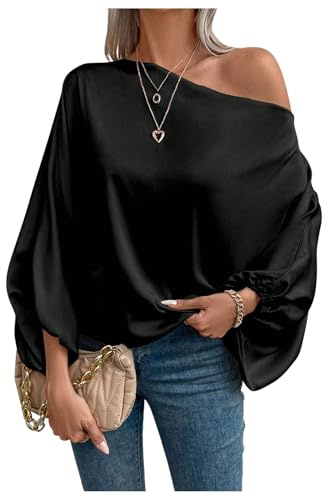 Verdusa Off The Shoulder Blouses for Women 3/4 Length Sleeve Asymmetrical Tops Business Casual Outfits Black Medium