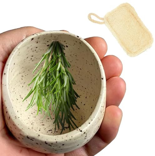 atnayo Pottery Herb Stripper Bowl with Loofah Cleansing Brush, Handmade Different Sizes Round Hole Ceramic Smoothie Bowl for Leafy