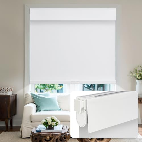 Keego Cordless Roller Blinds Easy Install No Tools No Drill Blinds for Windows Waterproof Blackout Shades for Kitchen Bedroom Bathroom Living Room (White, Custom Size)