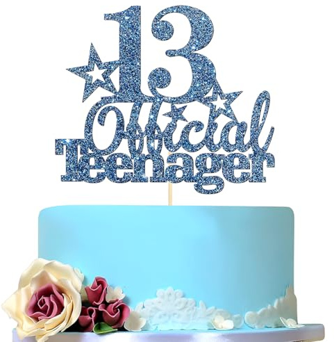 NOPKESV 1 Stück Offiziell Teenager 13 Cake Topper Glitzer Cupcake Toppers Geburtstag Jungen Mädchen Deko Geburtstagtorte Dekoration (Blau)