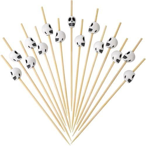 100 pinchos de cóctel de Halloween de 12 cm, palillos de madera para los dedos, palillos de bambú, palillos de cóctel, calaveras, frutas, palillos de cócteles, calaveras, espíritu para decoración de