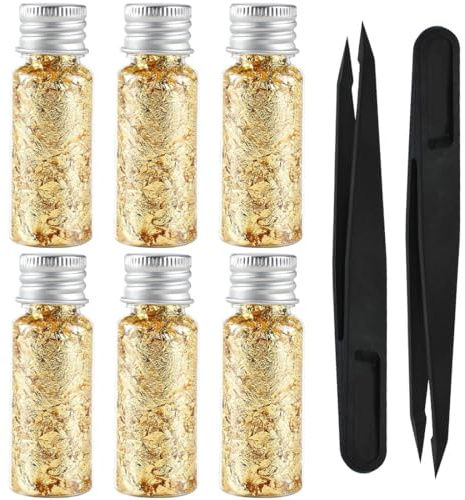 YAFLUG 6 Pezzi Foglia Oro Alimentare,Bottiglie Oro Alimentare, Foglia Oro Decorazione Per L'Uso Alimentare Perfetta Per Dolci Vino Gelati Uso In Cucina Fai Da Te,Decorazioni Torta Con 2 Pinzette(Oro)