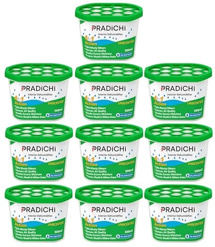 PRADICHI 10-Pack 500ml Interior Dehumidifiers – Moisture Absorber for Damp, Mildew, Mold & Condensation in Home, Kitchen, Bedroom, Wardrobe, Bathroom, Garage, Caravan, Basement