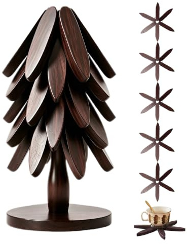 MospdyGear Hitzebeständiges Weihnachtsbaum-Topfuntersetzer-Set, Enthält 5 Faltbare Holzuntersetzer und 1 Ständer, ideal für Küchenpfannen, Töpfe und Besteck