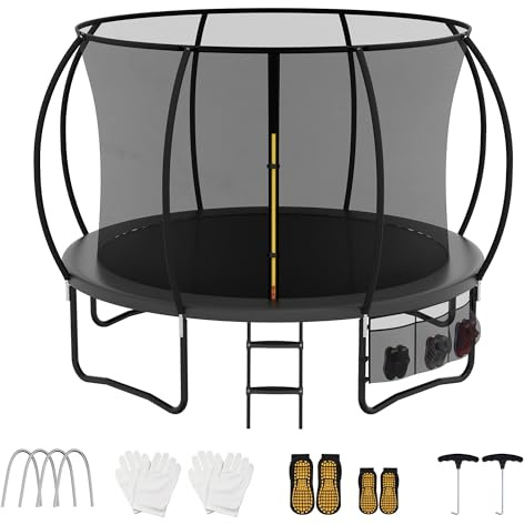 AWEV Outdoor Trampoline 7.5ft/10ft/12ft/14ft, Gs Certified Round Trampoline | Safety Enclosure Net, Non-Slip Ladder & Shoes Organiser, Family Time, Exercise & Gaming for Kids & Adults in Graden or Indoor