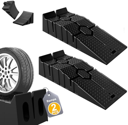 Aufun Auffahrrampe PKW 2er Set, Auffahrkeile bis 5T Traglast, Hochbelastbare Auto Rampe rutschfest für Wohnmobil, Anhänger, Garage, Werkstatt, Ölwechsel und Reparatur, Mit 2pcs Schwarz Unterlegkeil