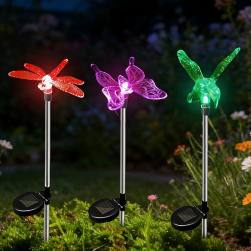 WRQIOO 3er Set Solarstecker für Außen Garten, Solar Schmetterlinge für Außen, Solar Stableuchten Gartendeko, Solarlampen für Außen Garten, Schmetterling Libelle Kolibri Gartenstecker Solar