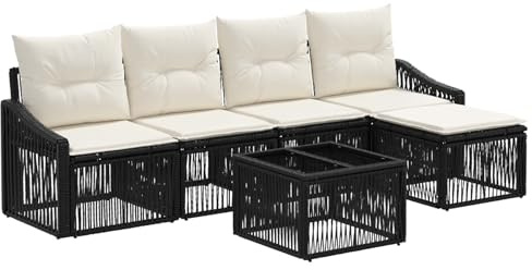 vidaXL Gartensofa-Set 6 pcs Schwarz Poly-Rattan, Modulares Design, wetterfester Sofastuhl, gepolsterte Gartenliege, mit höhenverstellbaren Füßen