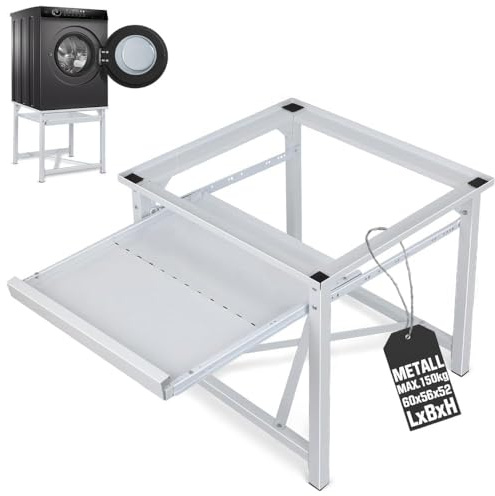 Stahl Untergestell mit Ablage für Waschmaschine & Trockner, 60x56x52 cm | max. 150kg, Stabil Waschmaschinesockel, Erhöhung Sockel Podest zum Kühlschrank Trockner, mit Rutschfesten