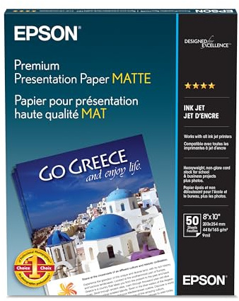 Epson Premium Presentation Paper MATTE (8x10 Inches, 50 Sheets) (S041467),Bright White