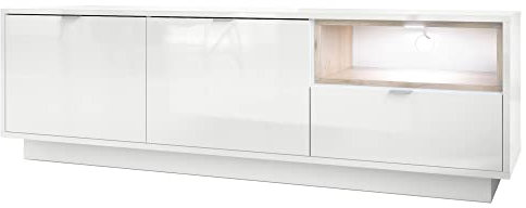 Vladon TV Board Lowboard Metro, Made in Germany, Korpus in Weiß Hochglanz/Fronten in Weiß Hochglanz mit Einsatz in Eiche Nordic, inkl. LED Beleuchtung